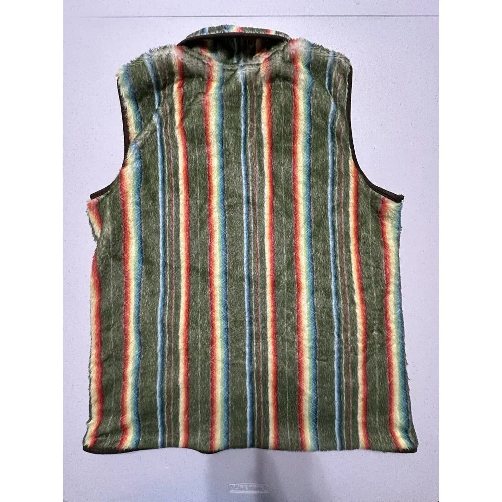 Lucky & Blessed L&B Faux Fur Fuzzy Multicolored Striped Zip Vest Pockets Retro M
